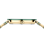 Profilo laterale dell'orologio visto dall'alto mostra cassa verde, dorata e braccialetto con maglie