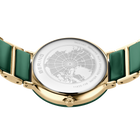 Orologio color oro con cinturino verde, visto dall'alto con cassa trasparente che rivela il quadrante mappamondo.