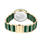 Orologio mostrato da dietro con maglie in ceramica verde, chiusura in metallo dorato e globo inciso sul retro.
