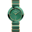 Runde grüne Uhr mit zweifarbigem Gold-Grün-Armband, strahlenförmiges Zifferblatt, Frontalansicht.