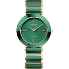Orologio rotondo verde con braccialetto bicolore oro-verde, quadrante radiale, vista frontale.