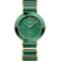 Orologio rotondo verde con braccialetto bicolore oro-verde, quadrante radiale, vista frontale.