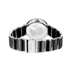 Orologio da polso vista posteriore, quadrante bianco con motivo decorativo, cinturino bicolore nero-argento
