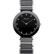 Orologio rotondo nero con indici a diamante, lancette bianche e cinturino in cuoio nero con ferramenta argentata.