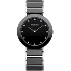 Orologio rotondo nero con indici a diamante, lancette bianche e cinturino in cuoio nero con ferramenta argentata.