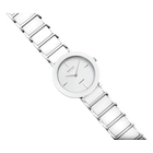 Diagonal view of silver mesh-band wristwatch with round face and minimalist dial