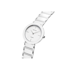 Silver-tone round watch with radial line dial, white segmented metal bracelet, angled view