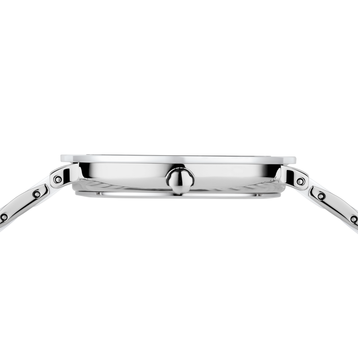 Stainless steel wristwatch shown from the side, displaying polished case edge, crown, and watch band lugs.