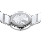 Silver-tone wristwatch with globe-etched dial face and matching metal bracelet, viewed from above.