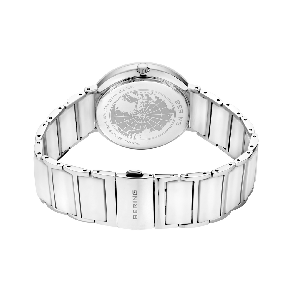 Rear view of watch showing segmented metal bracelet and round case back