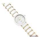 Round watch with white dial, gold-toned hands and mesh band, shown at diagonal angle
