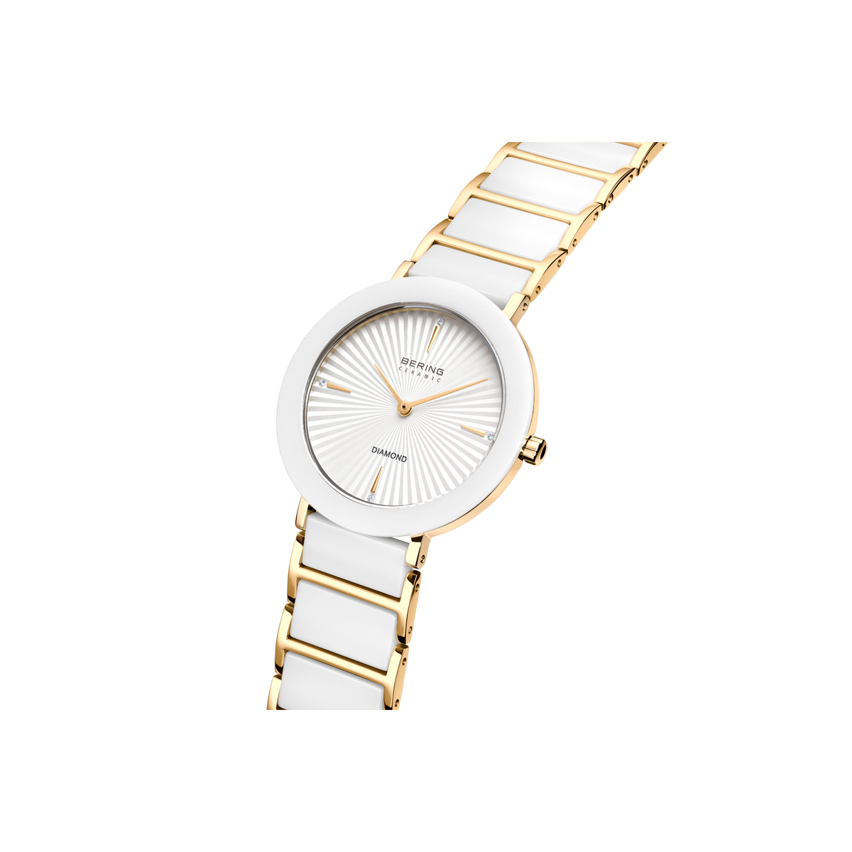 BERING wristwatch with white ceramic case, sunburst dial, and two-tone gold-and-white segmented bracelet