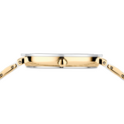 Rectangular watch case shown from side with two-tone casing and gold-tone segmented band.