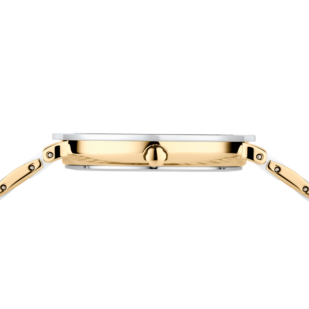 Rectangular watch case shown from side with two-tone casing and gold-tone segmented band.
