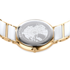 Two-tone wristwatch with world map dial, photographed from above. Gold case and bracelet links alternate with white segments.