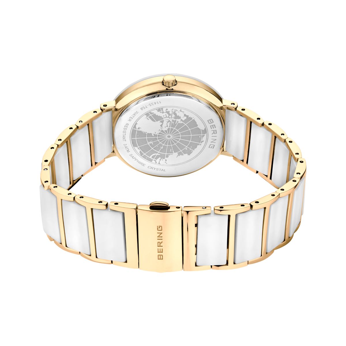 Watch back view with two-tone bracelet of alternating white ceramic and gold-tone links, oval dial visible from reverse angle.