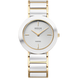 Reloj de pulsera con caja redonda, esfera blanca con líneas radiales, agujas doradas y pulsera bicolor.