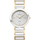 Wristwatch with round white dial, radial line pattern, gold-tone hands, and two-tone silver-gold bracelet.