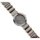 Orologio con quadrante grigio motivo raggiante, lancette color oro rosa e cinturino bicolore nero e oro rosa