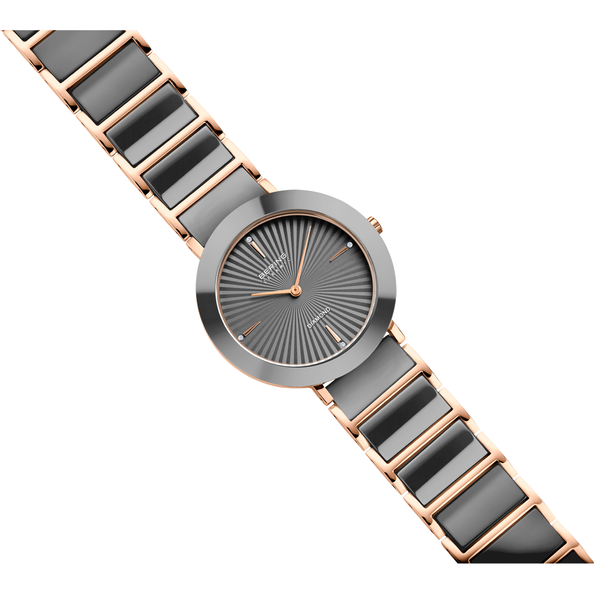 Orologio con quadrante grigio motivo raggiante, lancette color oro rosa e cinturino bicolore nero e oro rosa