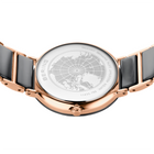 Orologio in oro rosa con cinturino nero, quadrante bianco con mappa mondiale incisa, vista posteriore