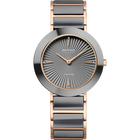 Orologio con cassa oro rosa, cinturino metallico nero e quadrante grigio raggiato.