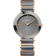 Orologio con cassa oro rosa, cinturino metallico nero e quadrante grigio raggiato.