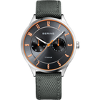Silver BERING watch with black dial, orange bezel and hands, two subdials, dark fabric strap