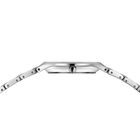 Watch shown in side profile with thin rectangular case and segmented metal band with visible links.