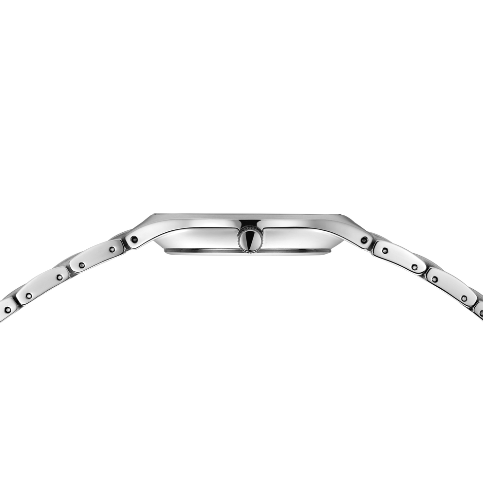 Watch shown in side profile with thin rectangular case and segmented metal band with visible links.