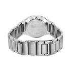 Back view of silver metal wristwatch with linked bracelet band
