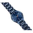 Navy metal wristwatch displayed diagonally with full bracelet visible, white hour markers and red accent hands.