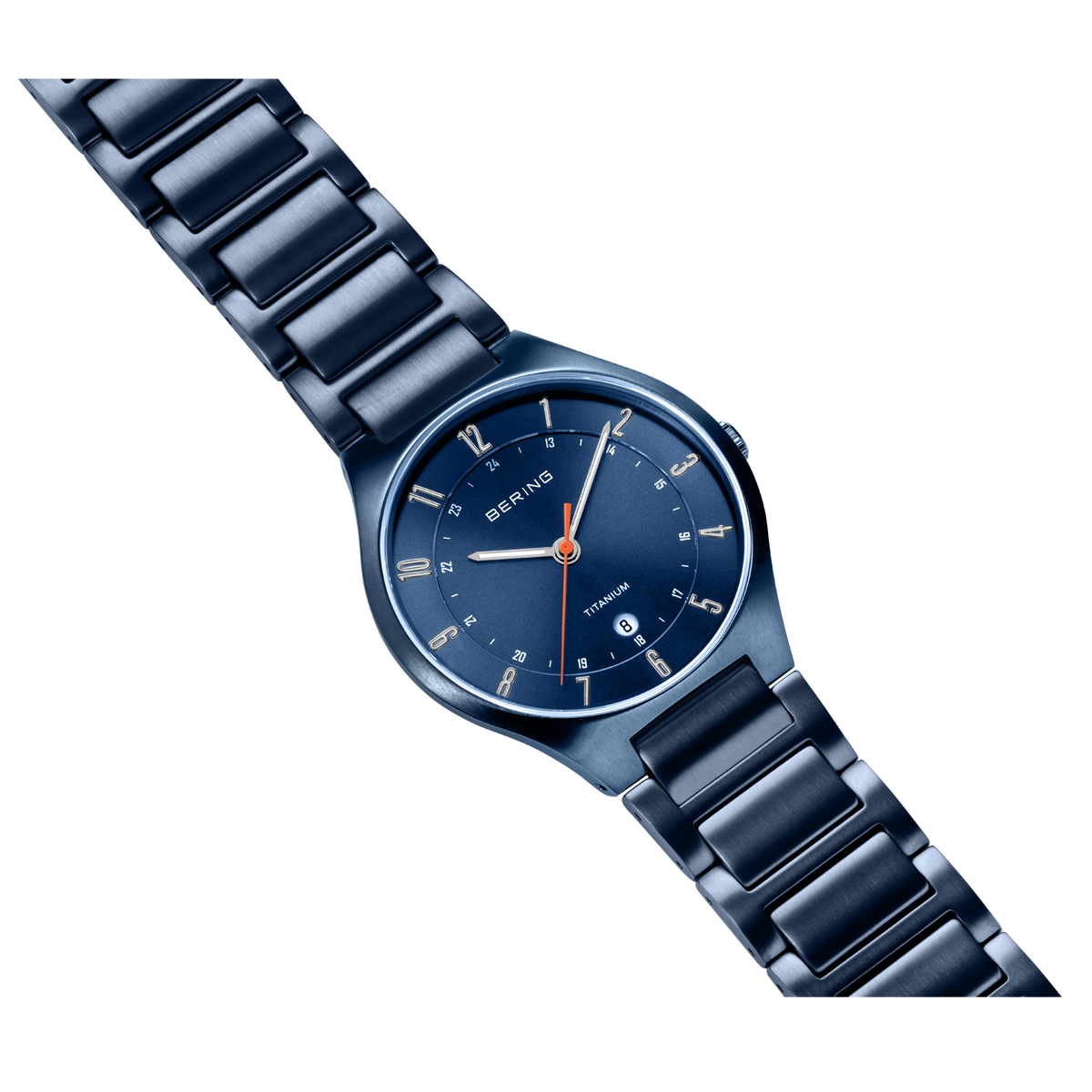 Navy metal wristwatch displayed diagonally with full bracelet visible, white hour markers and red accent hands.