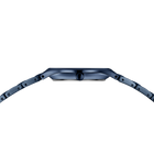 Watch case and band viewed from above, showing rectangular blue dial and linked bracelet profile.