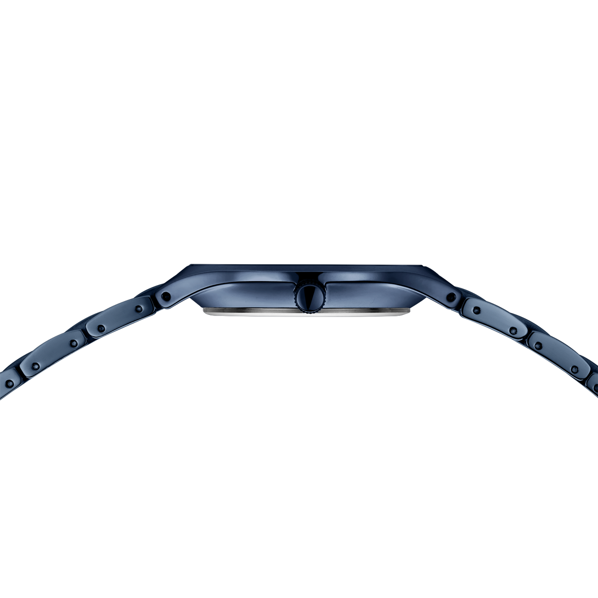 Watch case and band viewed from above, showing rectangular blue dial and linked bracelet profile.
