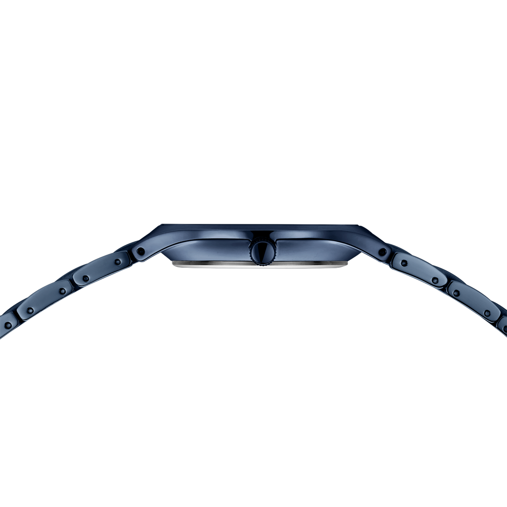Watch case and band viewed from above, showing rectangular blue dial and linked bracelet profile.