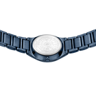 Watch face with white textured dial and dark blue segmented metal bracelet, viewed from above