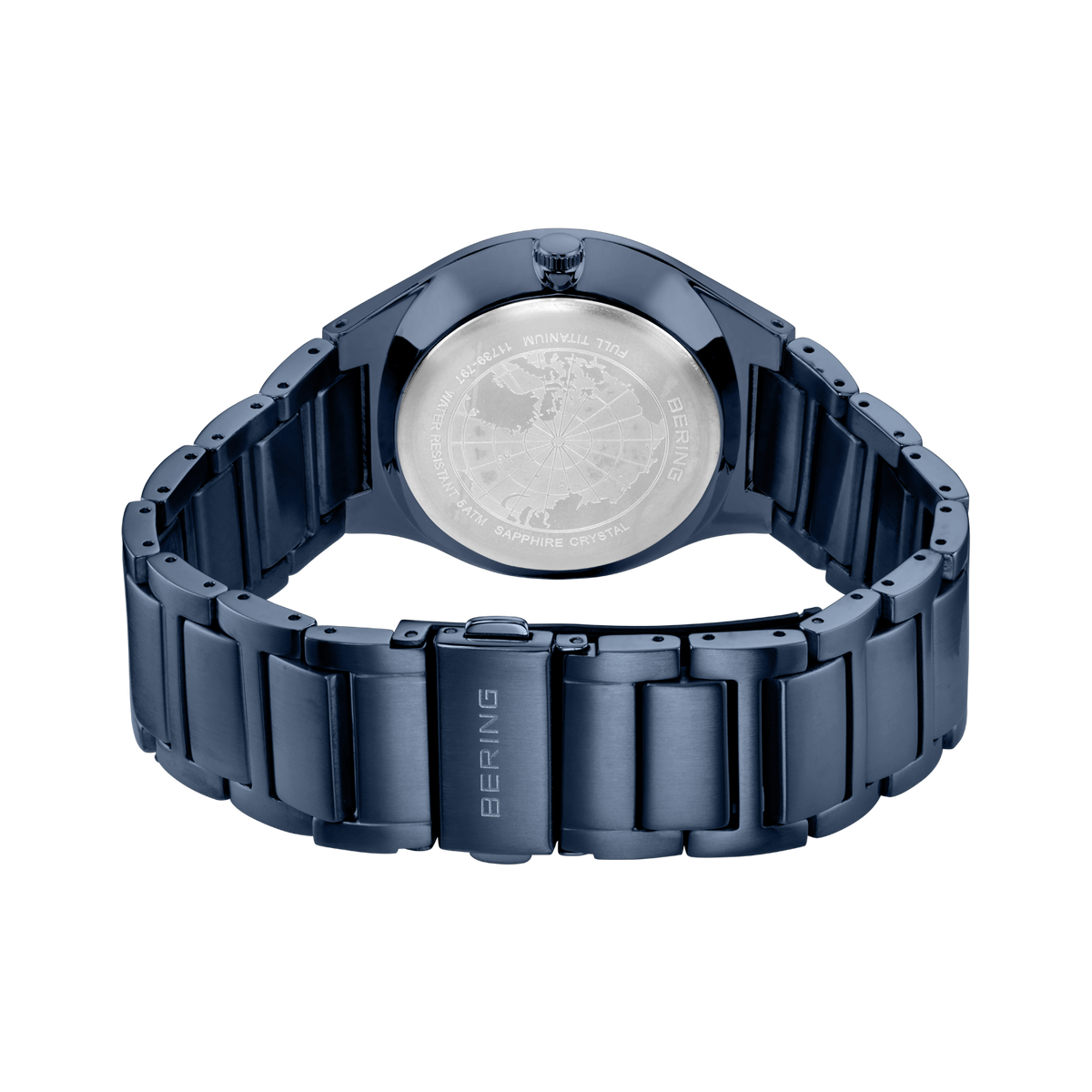 Dark blue metal watch bracelet and caseback, with BERING branding visible on the band.