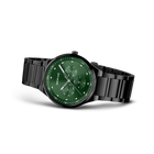 Black BERING watch with green chronograph dial and metal band, angled three-quarter view