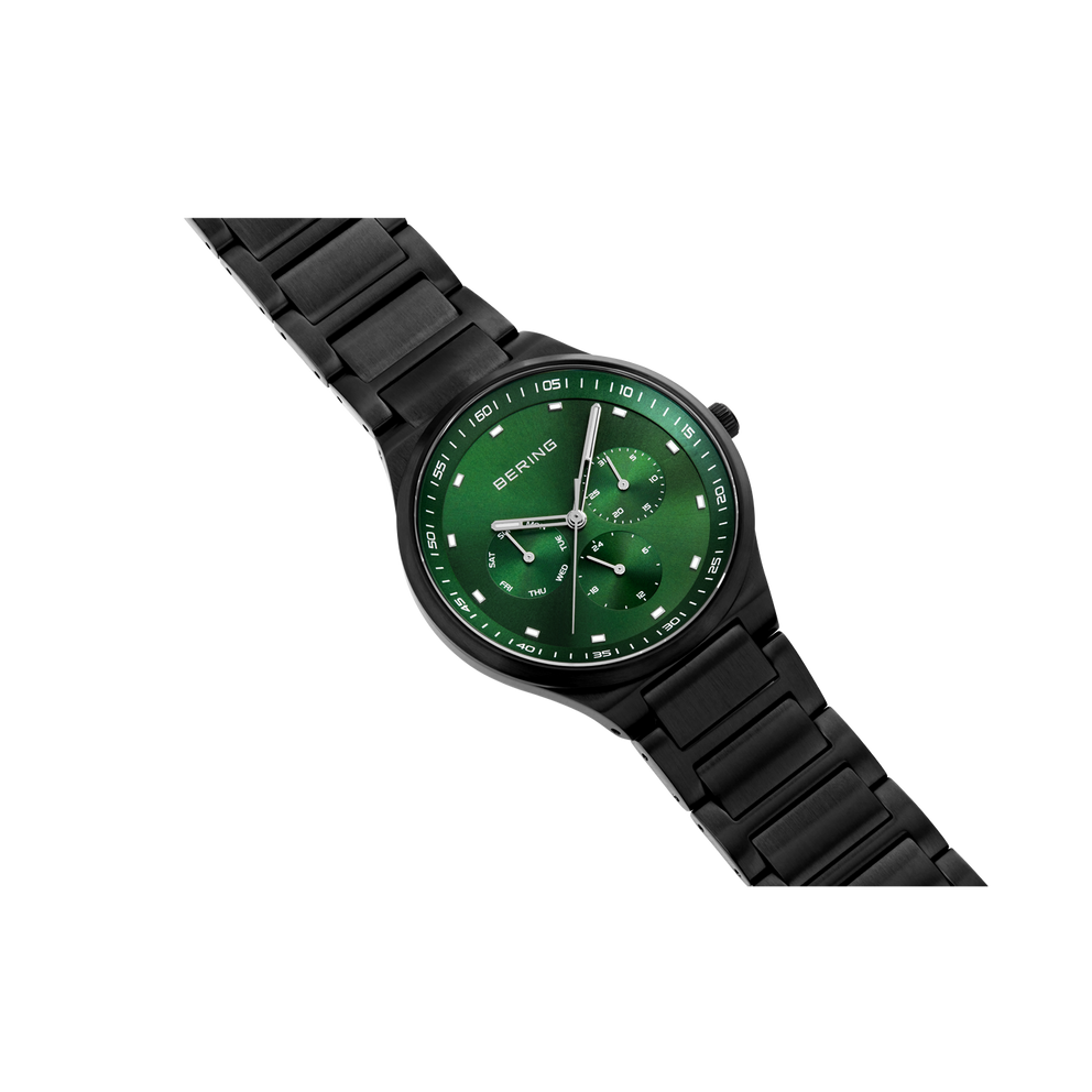 BERING wristwatch with green dial, black case and linked metal band, angled view