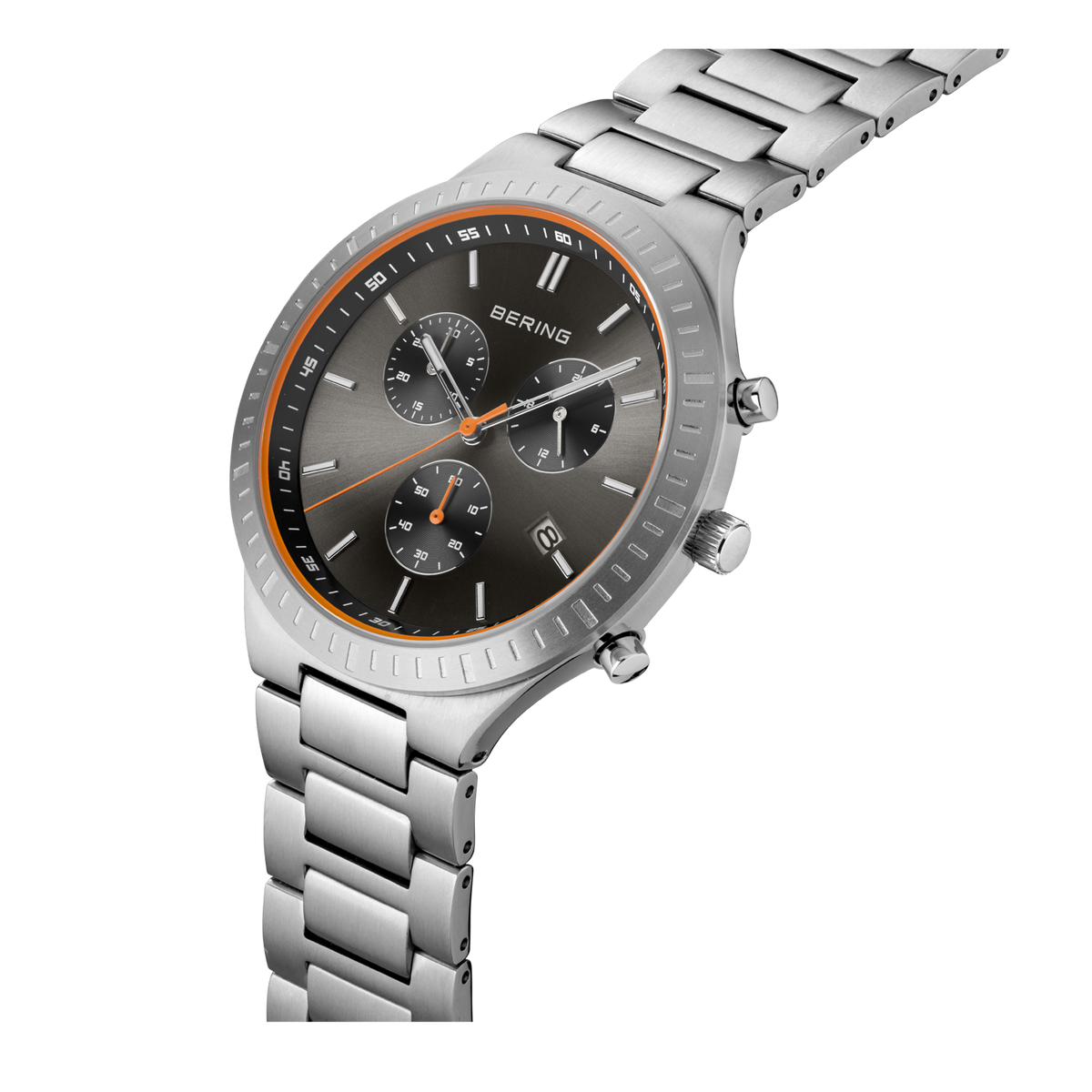 Stainless steel watch with silver bracelet, black chronograph dial, and orange bezel accent—angled side profile view.