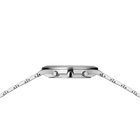 BERING wristwatch side profile, rectangular case with polished top, three chronograph pushers, articulated link bracelet.