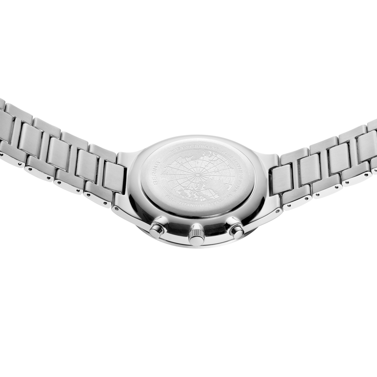 Watch head shot from above, showing round brushed dial and articulated metal bracelet links on both sides.