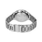 Rear view of stainless steel watch with metal link bracelet and case back.