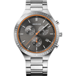 BERING chronograph wristwatch, stainless steel case and bracelet, black dial with orange accents and subdials, front view.