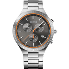 BERING chronograph wristwatch, stainless steel case and bracelet, black dial with orange accents and subdials, front view.