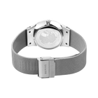 Reloj plateado con fondo de caja transparente, mecanismo visible y correa malla a juego con cierre BERING.