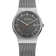 Reloj BERING con esfera gris, caja y correa malla plateadas, marcas blancas y aguja de segundos naranja.