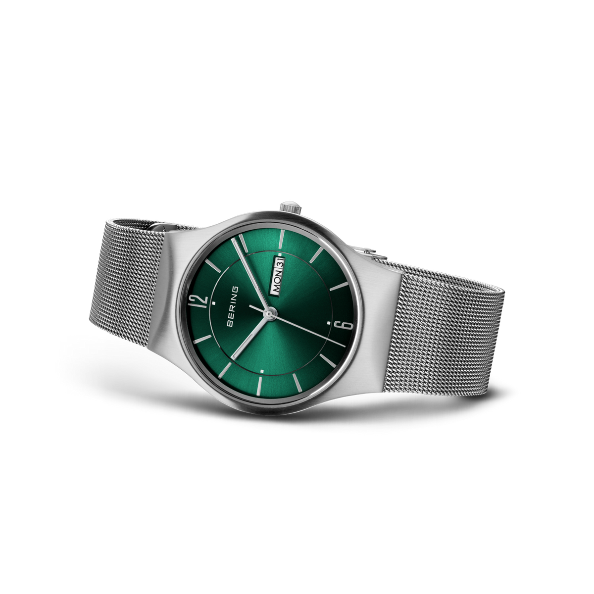 BERING wristwatch with silver mesh bracelet and dark green dial with white hands, angled view