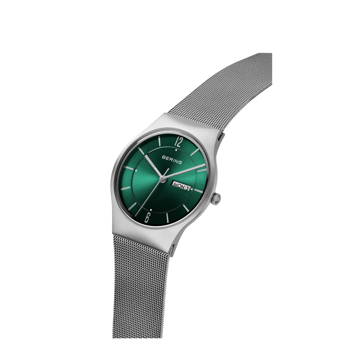 Silver rectangular wristwatch with teal dial and mesh bracelet, side-angle view